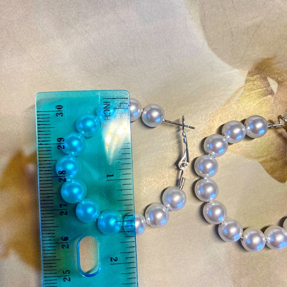 Silver Tone Pearl Hoop Earrings - Picture 4 of 5